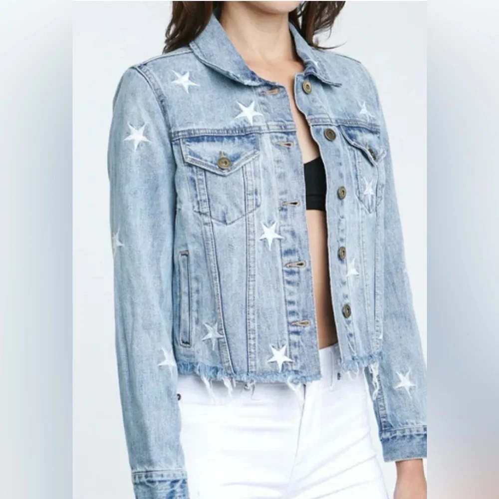 Pistola Brando Star Embroidery Cropped Denim Jacket Zodiac Wash - S